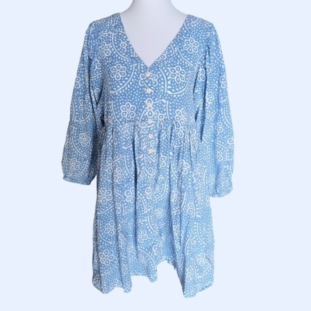 Madewell Blue‎ White V Neck Button Front Midi Dress Size M